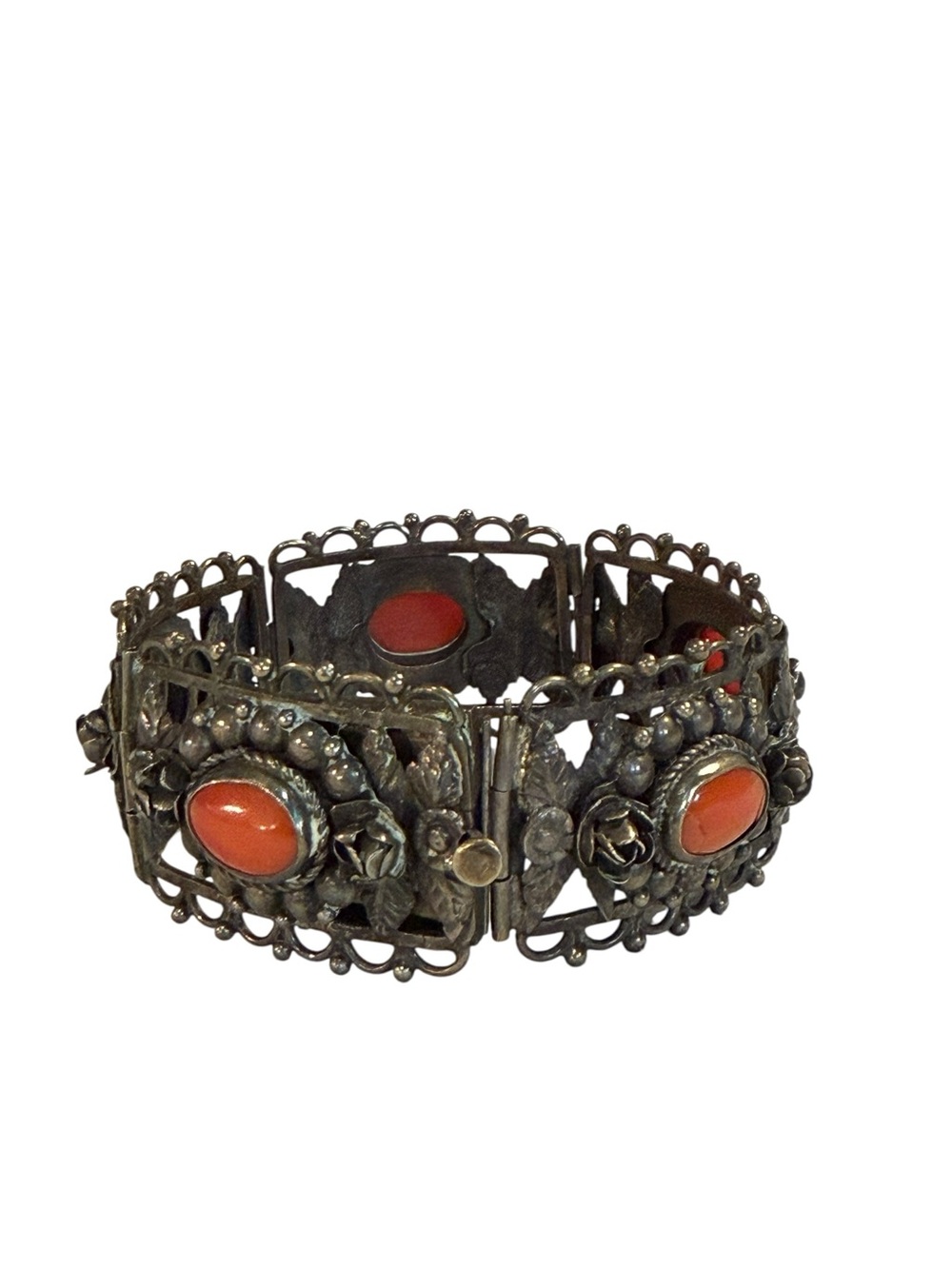 Vintage 1930's Etruscan Revival Franconeri Red Coral 800 Silver Hinged Bracelet - Picture 3 of 10